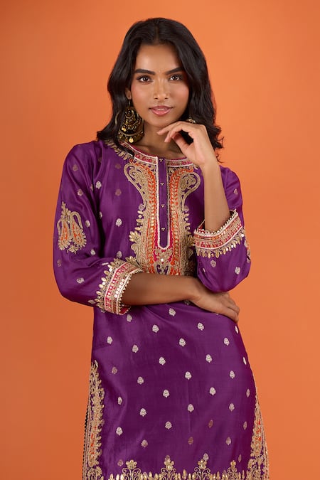 Shop Sheetal Batra Purple Embroidery, Zari Round Neck Kurta And Salwar Set Online at Aza Fashions Shop_Sheetal Batra_Purple Embroidery, Zari Round Neck Kurta And Salwar Set _Online_at_Aza_Fashions
