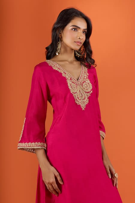 Shop_Sheetal Batra_Pink Embroidery V-neck Kaftan With Salwar _Online_at_Aza_Fashions