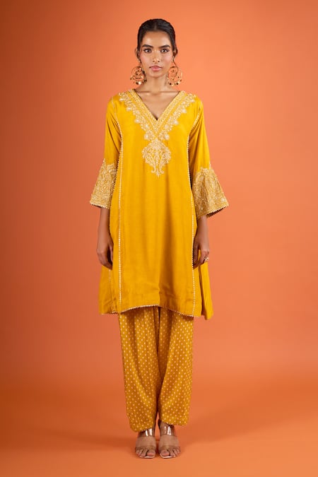 Buy Sheetal Batra Yellow Embroidery, Piping V-neck Kurta And Salwar Set Online at Aza Fashions Buy_Sheetal Batra_Yellow Embroidery, Piping V-neck Kurta And Salwar Set _Online_at_Aza_Fashions