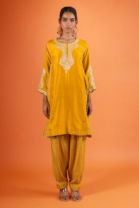 Sheetal Batra Yellow Embroidery, Piping Round Neck Kurta And Salwar Set Online at Aza Fashions Sheetal Batra_Yellow Embroidery, Piping Round Neck Kurta And Salwar Set _Online_at_Aza_Fashions