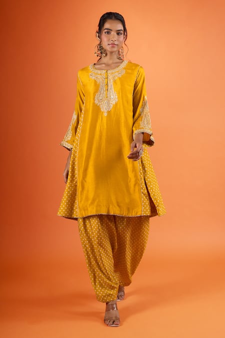 Sheetal Batra Yellow Embroidery, Piping Round Neck Kurta And Salwar Set at Aza Fashions Sheetal Batra_Yellow Embroidery, Piping Round Neck Kurta And Salwar Set _at_Aza_Fashions