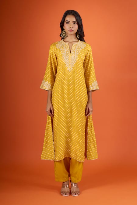 Shop_Sheetal Batra_Yellow Embroidery Mandarin Collar Kurta And Salwar Set _Online_at_Aza_Fashions