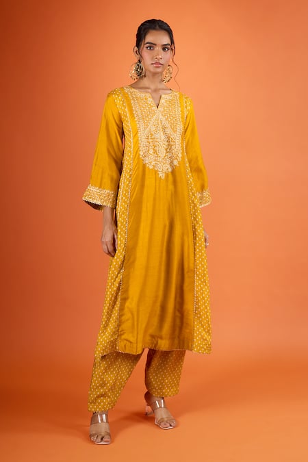 Sheetal Batra Yellow Embroidery, Gota Patti Split V-neck Kurta And Salwar Set Online at Aza Fashions Sheetal Batra_Yellow Embroidery, Gota Patti Split V-neck Kurta And Salwar Set _Online_at_Aza_Fashions