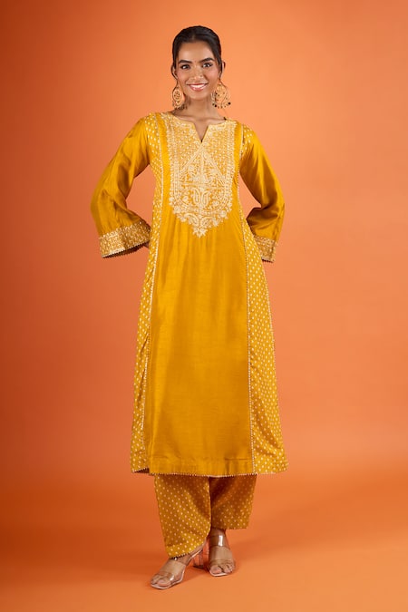 Shop Sheetal Batra Yellow Embroidery, Gota Patti Split V-neck Kurta And Salwar Set Online at Aza Fashions Shop_Sheetal Batra_Yellow Embroidery, Gota Patti Split V-neck Kurta And Salwar Set _Online_at_Aza_Fashions