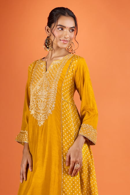 Sheetal Batra Yellow Embroidery, Gota Patti Split V-neck Kurta And Salwar Set at Aza Fashions Sheetal Batra_Yellow Embroidery, Gota Patti Split V-neck Kurta And Salwar Set _at_Aza_Fashions