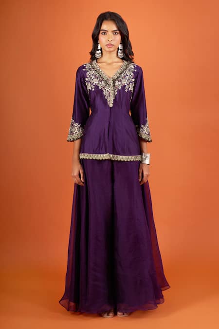 Shop Prisho Purple Embroidery, Sequins V-neck Peplum Kurta With Sharara Online at Aza Fashions Shop_Prisho_Purple Embroidery, Sequins V-neck Peplum Kurta With Sharara _Online_at_Aza_Fashions