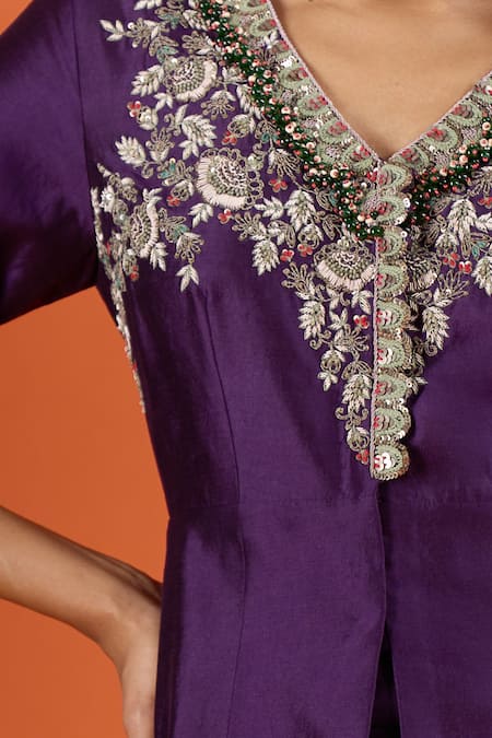 Prisho Purple Embroidery, Sequins V-neck Peplum Kurta With Sharara at Aza Fashions Prisho_Purple Embroidery, Sequins V-neck Peplum Kurta With Sharara _at_Aza_Fashions