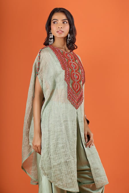 Buy Prisho Green Embroidery, Sequins Round Neck Kaftan Pant Set Online at Aza Fashions Buy_Prisho_Green Embroidery, Sequins Round Neck Kaftan Pant Set _Online_at_Aza_Fashions