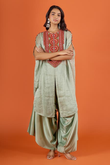 Buy Prisho Green Embroidery, Sequins Round Neck Kaftan Pant Set Buy_Prisho_Green Embroidery, Sequins Round Neck Kaftan Pant Set