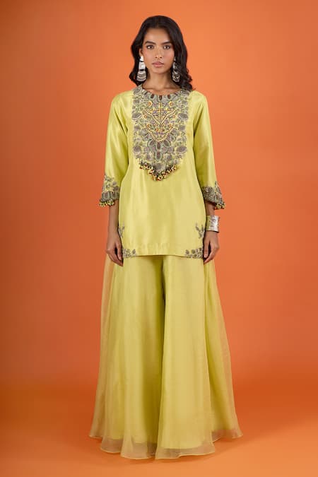 Buy Prisho Yellow Beads Round Neck Embroidered Kurta And Sharara Set Online at Aza Fashions Buy_Prisho_Yellow Beads Round Neck Embroidered Kurta And Sharara Set _Online_at_Aza_Fashions
