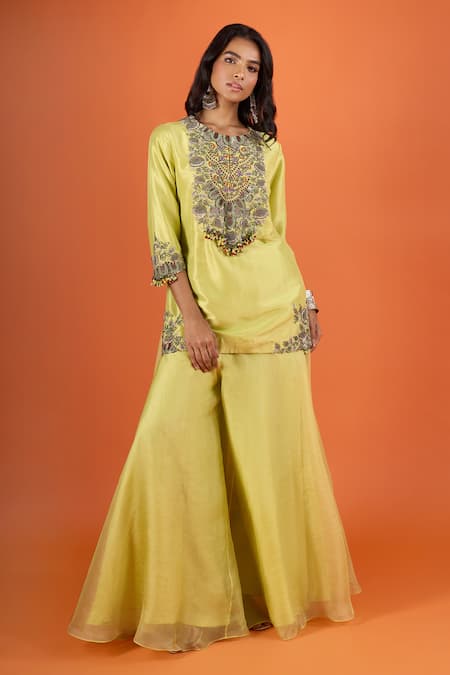 Shop Prisho Yellow Beads Round Neck Embroidered Kurta And Sharara Set Online at Aza Fashions Shop_Prisho_Yellow Beads Round Neck Embroidered Kurta And Sharara Set _Online_at_Aza_Fashions