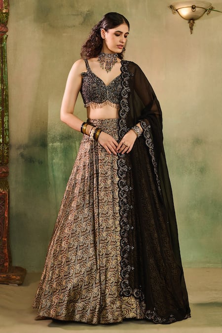 Reeti Arneja Black Silk Zari, Sequins, Beads, Embroidery, Tassels Woven Lehenga Blouse Set