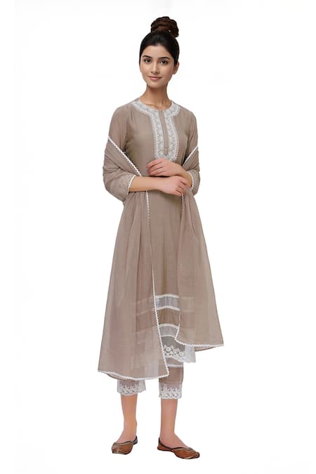Neha Khullar Beige Silk, Kota Round Embroidered Kurta Set
