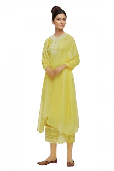 Neha Khullar Yellow Silk, Kota Round Embroidered Kurta Set