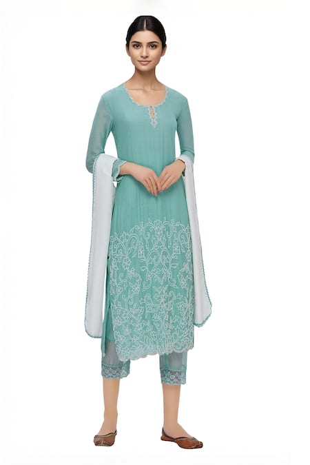 Neha Khullar Blue Silk, Kota Key Hole Embroidered Kurta Set