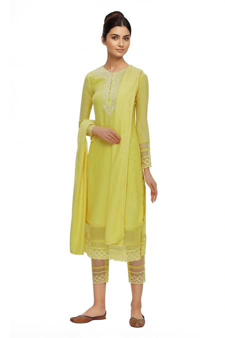 Neha Khullar Yellow Silk, Kota Bead Work Round Neck Embroidered Kurta Set