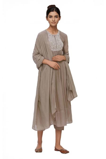 Neha Khullar Brown Silk, Kota Round Embroidered Anarkali Pant Set