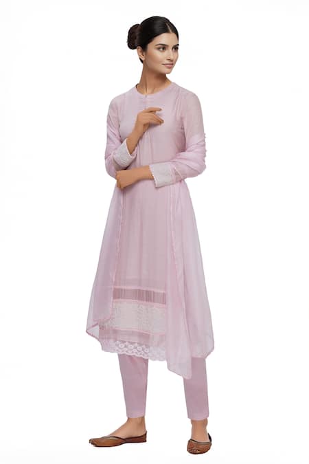 Neha Khullar Pink Silk, Kota Round Embroidered Kurta Set