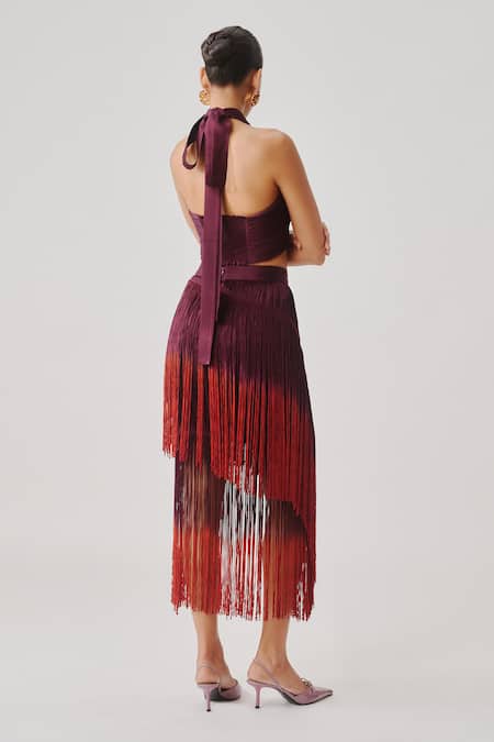 Aroka Burnt Wine Fringe Skirt 
