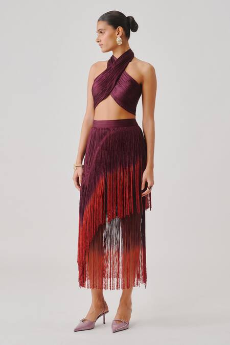 Aroka_Wine Modal, Satin Fringe Burnt Skirt _Online_at_Aza_Fashions