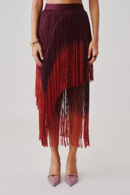 Buy_Aroka_Wine Modal, Satin Fringe Burnt Skirt _Online_at_Aza_Fashions