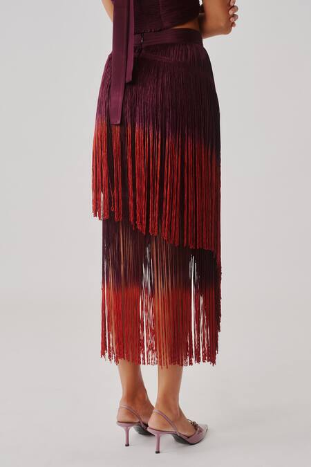 Shop_Aroka_Wine Modal, Satin Fringe Burnt Skirt _Online_at_Aza_Fashions