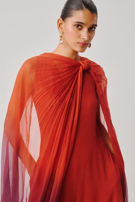 Buy_Aroka_Rust Crepe, Chiffon V-neck Maple Spice Jumpsuit With Scarf _Online_at_Aza_Fashions