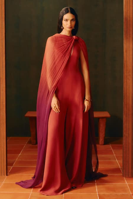 Shop_Aroka_Rust Crepe, Chiffon V-neck Maple Spice Jumpsuit With Scarf _Online_at_Aza_Fashions