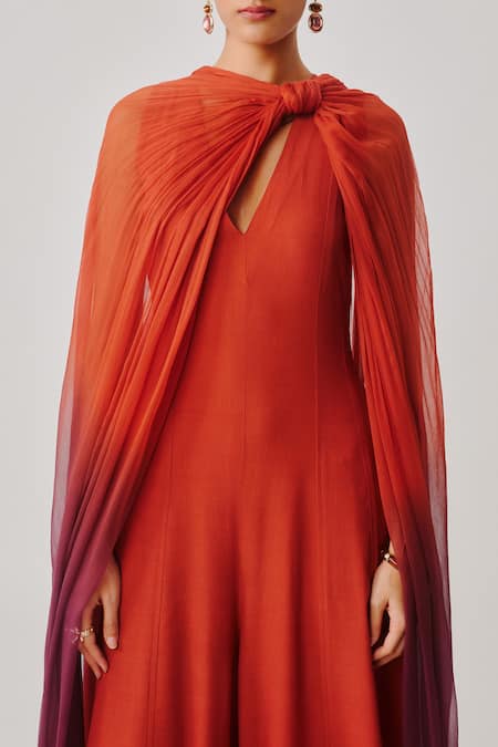 Aroka_Rust Crepe, Chiffon V-neck Maple Spice Jumpsuit With Scarf _at_Aza_Fashions