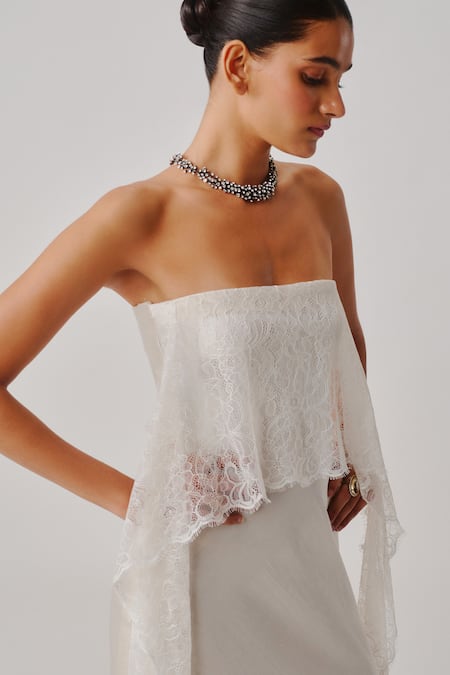 Aroka_Ivory Vegan Silk, Bandeau Neck White Peony Gown _Online_at_Aza_Fashions