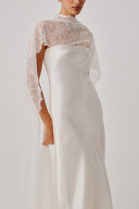 Buy_Aroka_Ivory Vegan Silk, Bandeau Neck White Peony Gown _Online_at_Aza_Fashions