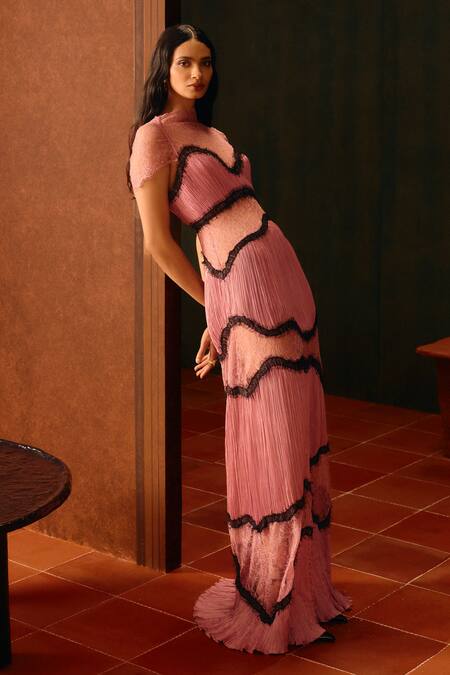 Aroka_Pink Modal, Satin, High Neck Rose Tide Gown _Online_at_Aza_Fashions