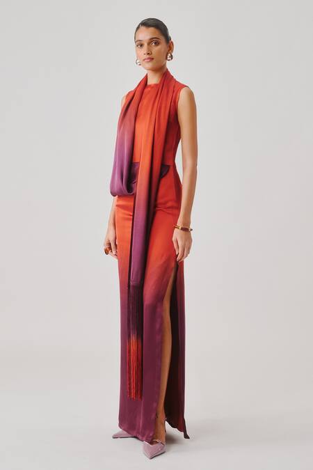 Buy_Aroka_Orange Modal, Satin Fringe High Neck Ember Ombre Draped Dress _Online_at_Aza_Fashions