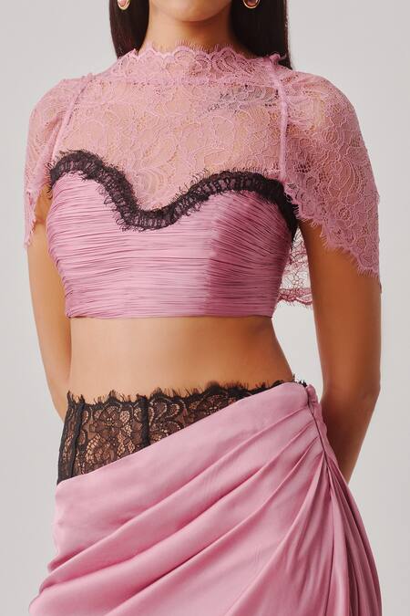 Buy_Aroka_Pink Modal, Satin, High , Sweetheart Rosette Ruched Crop Top _Online_at_Aza_Fashions