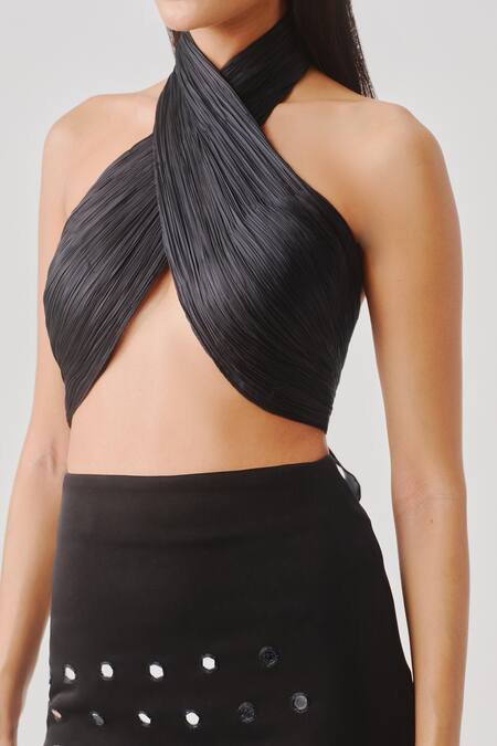 Buy_Aroka_Black Modal, Satin Halter Neck Hope Draped Top _Online_at_Aza_Fashions