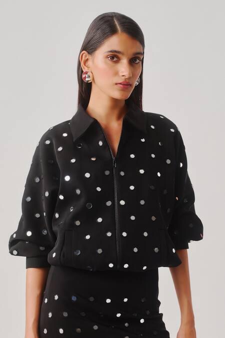 Aroka_Black Crepe Mirrors Collared, V-neck Midnight Bling Bomber Jacket _Online_at_Aza_Fashions