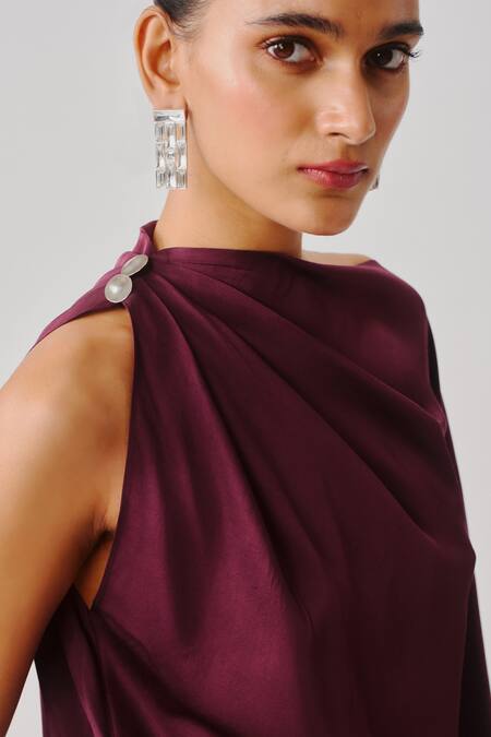 Aroka_Burgundy Modal, Satin One Shoulder Dark Plum Draped Top _Online_at_Aza_Fashions