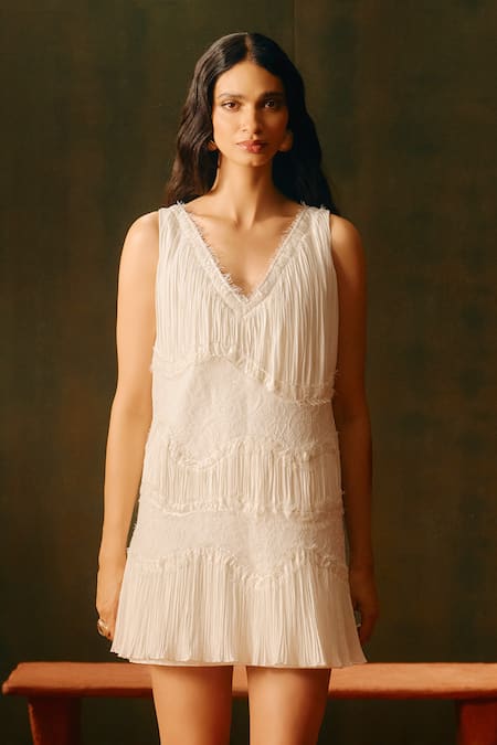 Aroka_Ivory Poplin Lace, Ruffles V-neck Linea Ruched Dress _Online_at_Aza_Fashions