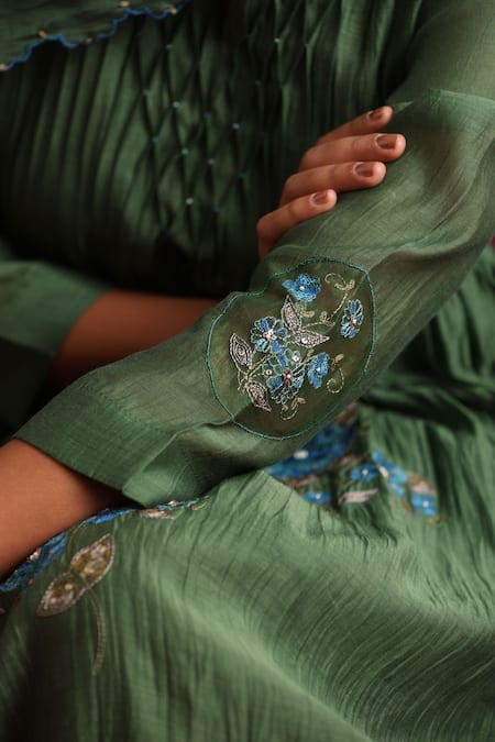 Buy_Beige_Green Chanderi, Cotton Satin Embroidery, Floral Pleated Kurta Set With Dupatta _Online_at_Aza_Fashions