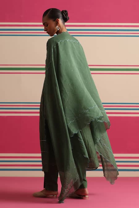 Beige Floral Embroidered Pleated Kurta Set With Dupatta 