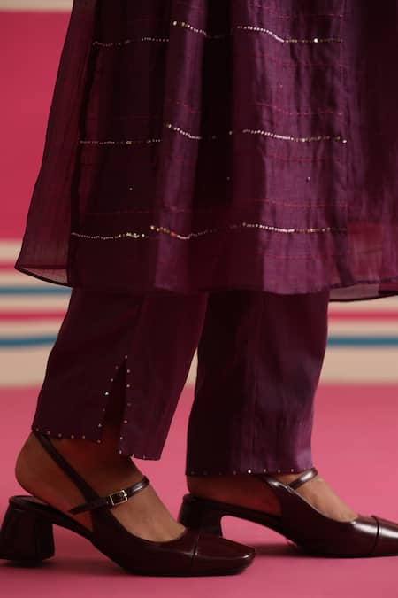 Beige_Purple Chanderi, Cotton Satin Embroidery, Sequins, Floral Pleated Kurta Set _Online_at_Aza_Fashions