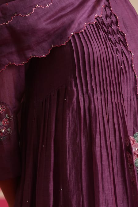 Buy_Beige_Purple Chanderi, Cotton Satin Embroidery, Sequins, Floral Pleated Kurta Set _Online_at_Aza_Fashions