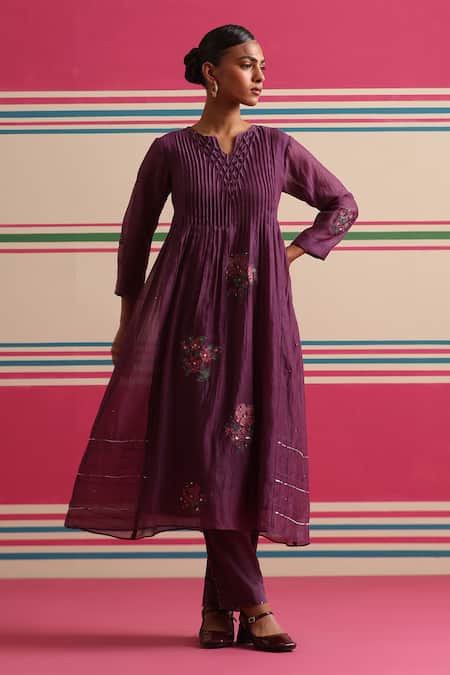 Beige Floral Embroidered Pleated Kurta Set  