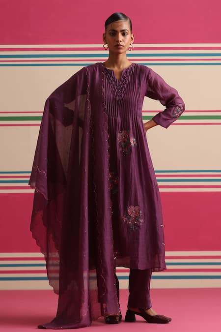 Beige Floral Embroidered Pleated Kurta Set  