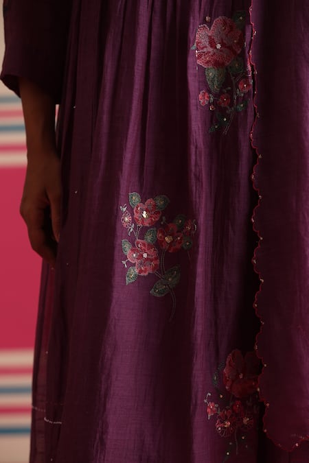 Shop_Beige_Purple Chanderi, Cotton Satin Embroidery, Sequins, Floral Pleated Kurta Set _Online_at_Aza_Fashions