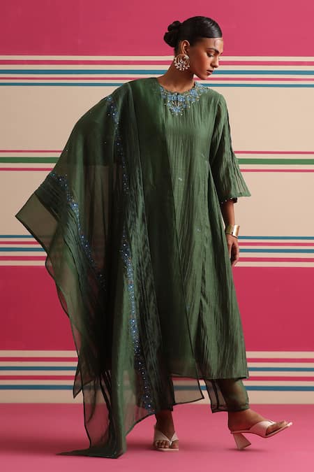 Beige Floral Embroidered Kurta Pant Set 