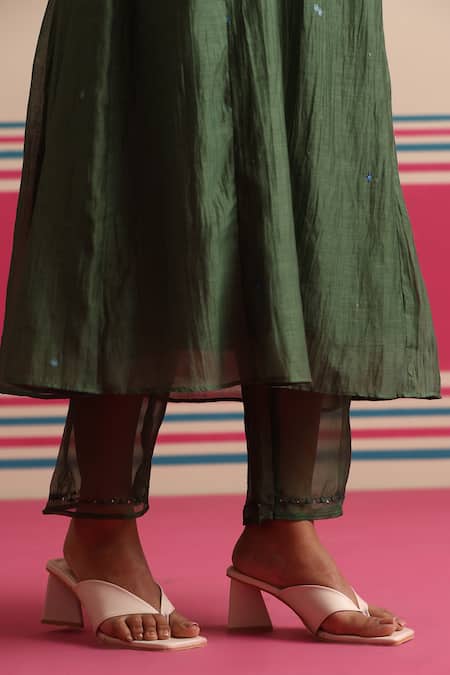 Beige_Green Chanderi, Cotton Satin Embroidery, Sequins, Beads, Floral Kurta Pant Set _Online_at_Aza_Fashions