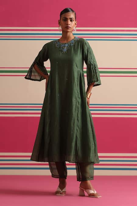 Buy_Beige_Green Chanderi, Cotton Satin Embroidery, Sequins, Beads, Floral Kurta Pant Set _Online_at_Aza_Fashions