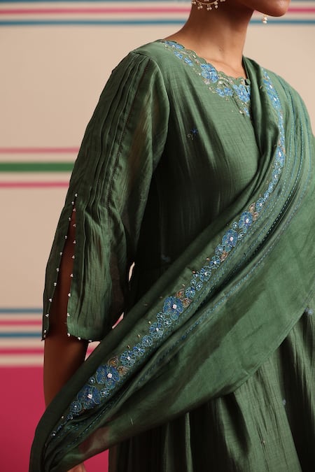 Shop_Beige_Green Chanderi, Cotton Satin Embroidery, Sequins, Beads, Floral Kurta Pant Set _Online_at_Aza_Fashions