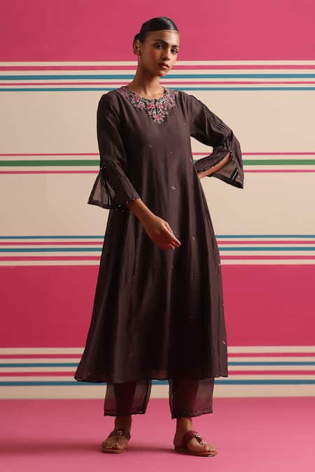 Beige_Brown Chanderi, Cotton Satin Sequins, Beads Round Floral Embroidered Kurta Set  _Online_at_Aza_Fashions